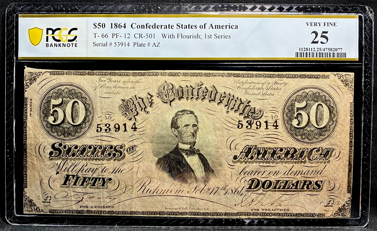 T-66 1864 Confederate States $50 Civil War CSA Obsolete Banknote Currency, PCGS