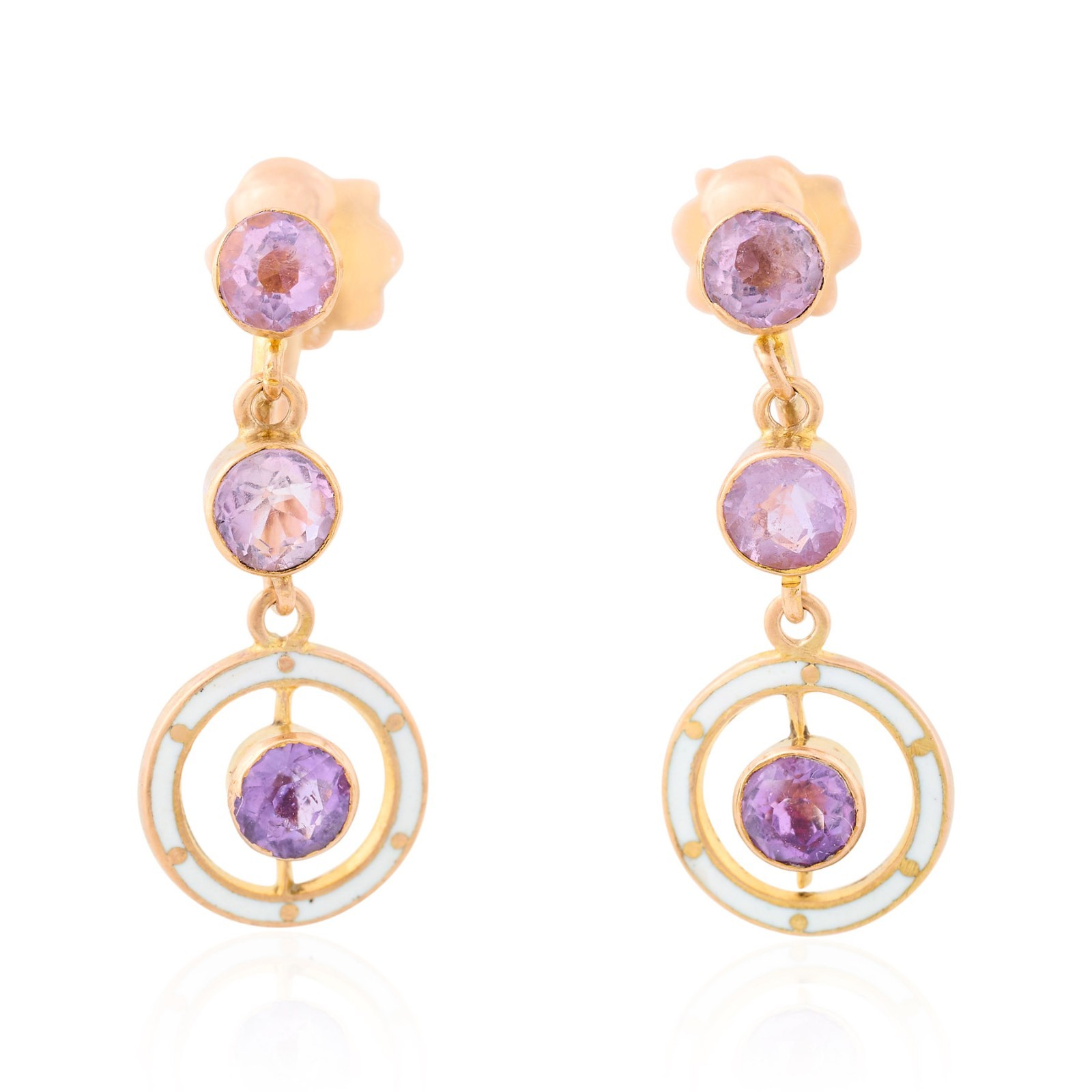 Antique Amethyst Enamel Drop Earrings 9ct Gold