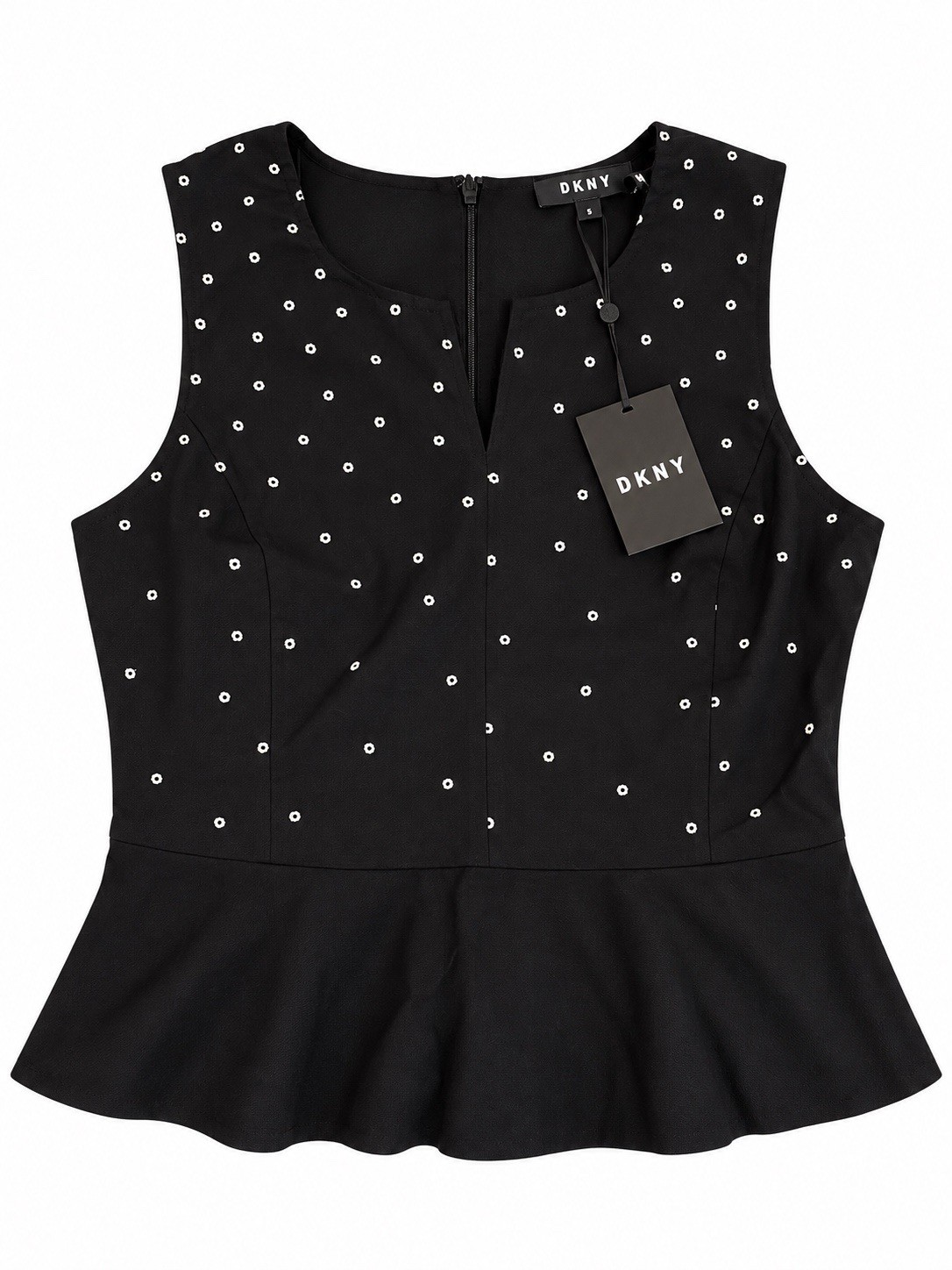 DKNY Women’s Black White Embroidered Dot Peplum Sleeveless Top NWT XS