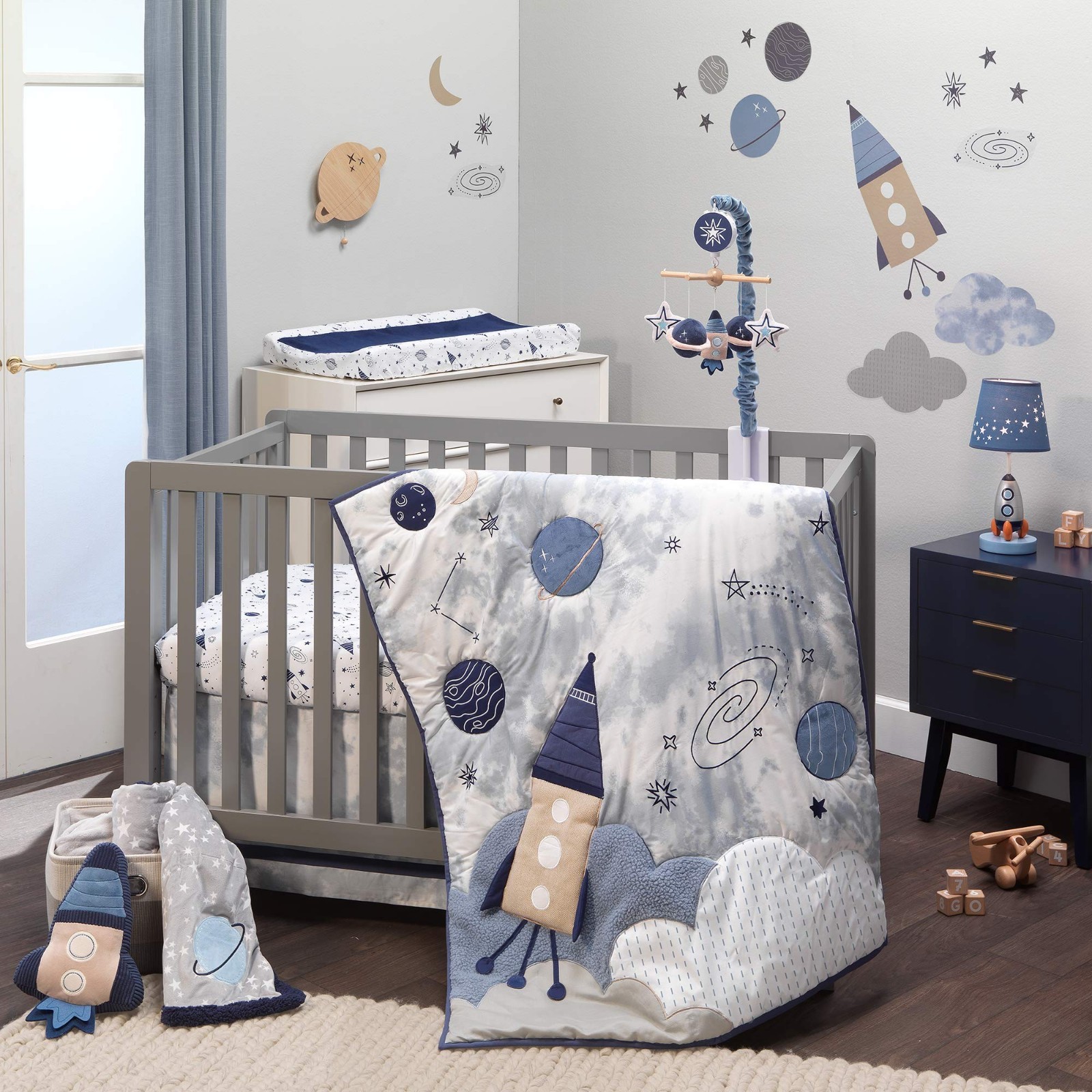 5-Piece Blue Galaxy Space Nursery Crib Bedding Set for Baby - Sky Rocket Theme 5-Piece Blue Galaxy Space Nursery Crib Bedding Set for Baby - Sky Rocket Theme