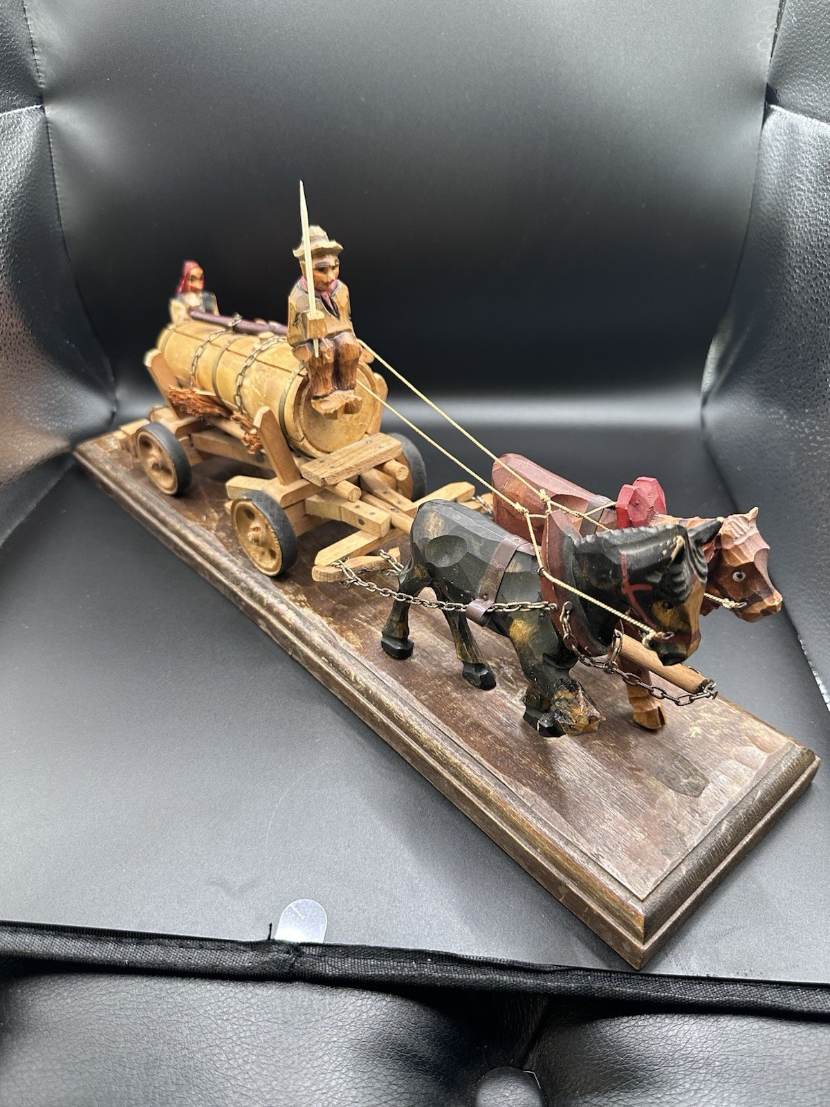 Vintage Hand Carved Wood Ox & Horse Wagon Sculpture Team Driver Folk Art 17