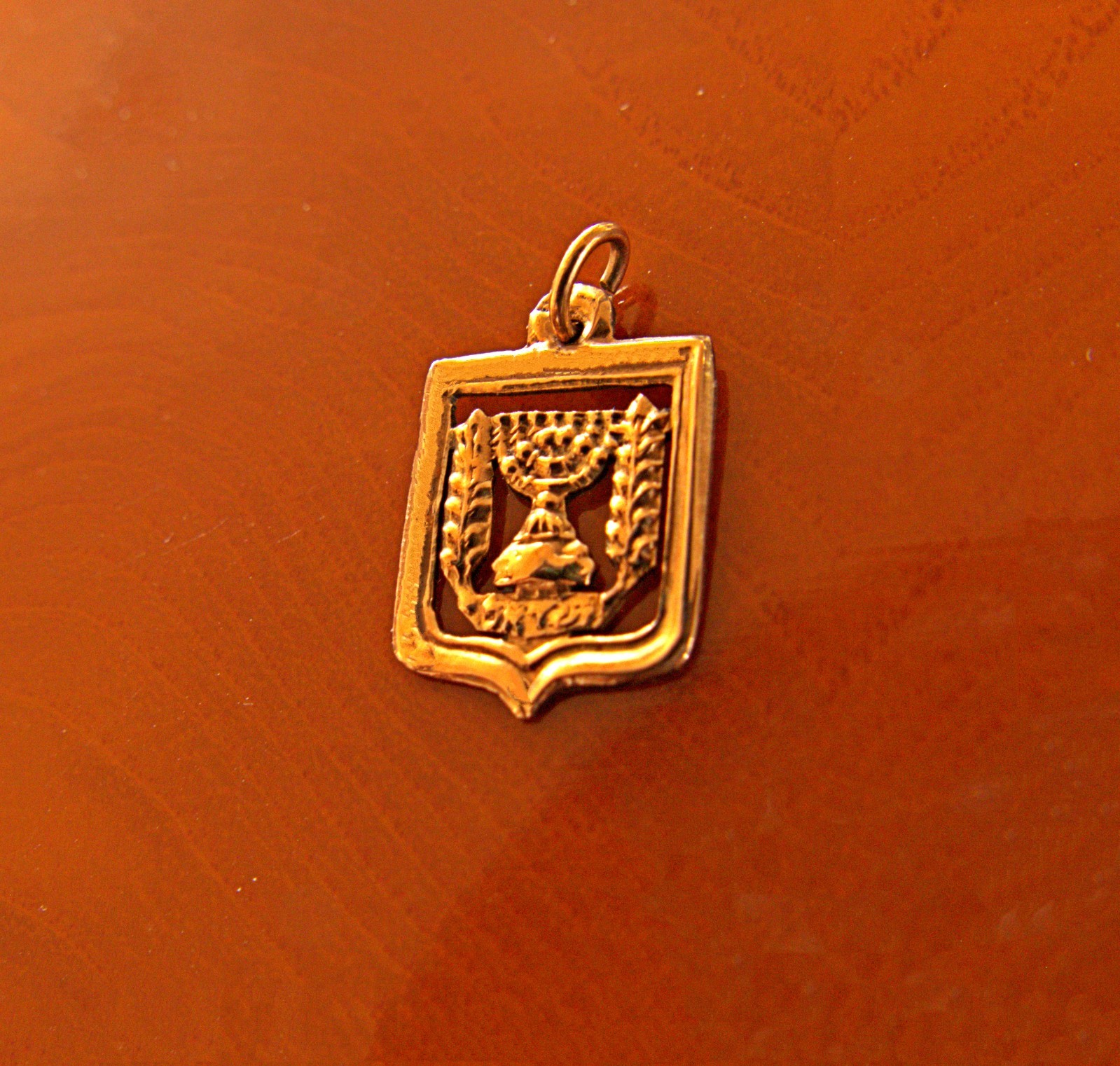 14K Solid Gold Official Emblem of Israel Pendant/Charm (Menorah/Olive Branches)