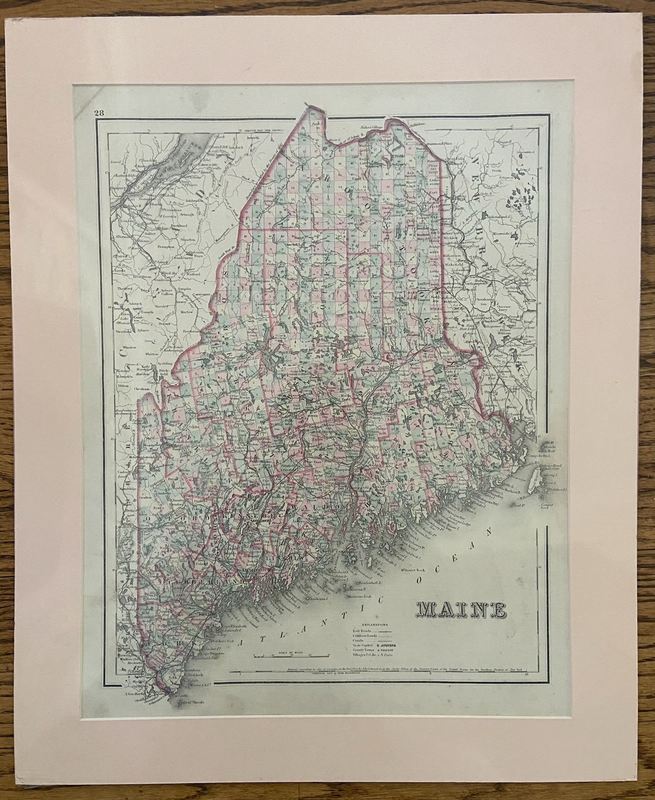 Antique Map [1855, Colton]: American State Of MAINE ANTIQUE MAP USA
