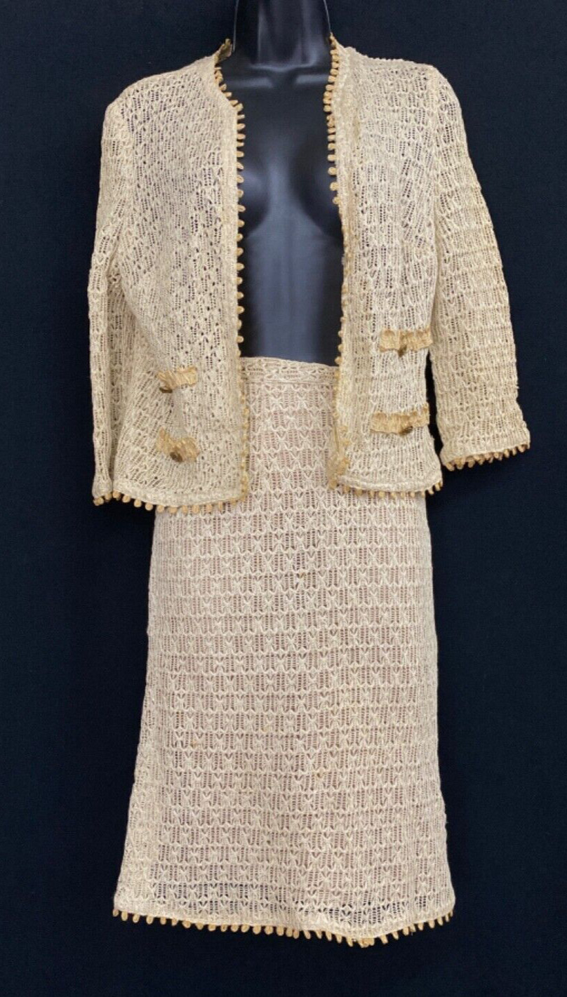 Vintage 1960s knit lace skirt suit, ecru ivory linen top jacket  2 piece XS