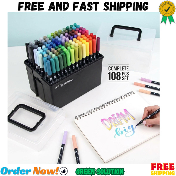 Tombow 56179 Dual Brush Pen Art Markers, 108 Color Set + Marker Case