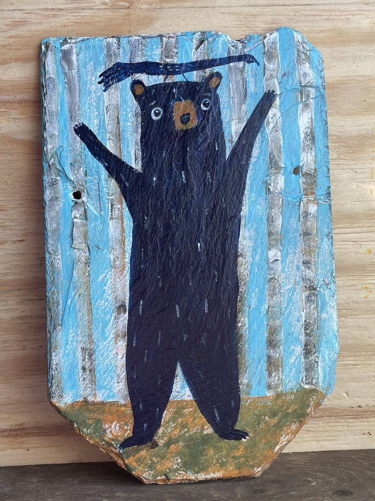 Bear In Woods On Early 1900’s Roofing Slate AHFOLKART @12 X 8” Original Folk Art