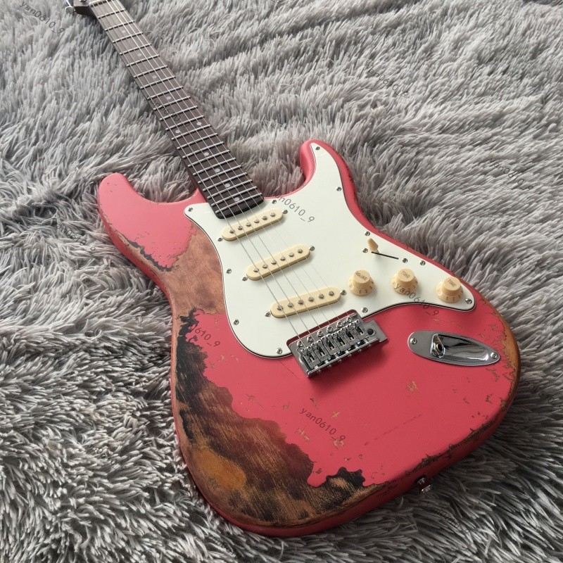 no logo S-T electric guitar pink aged Rounded fret Edge stainless Fret bone nut