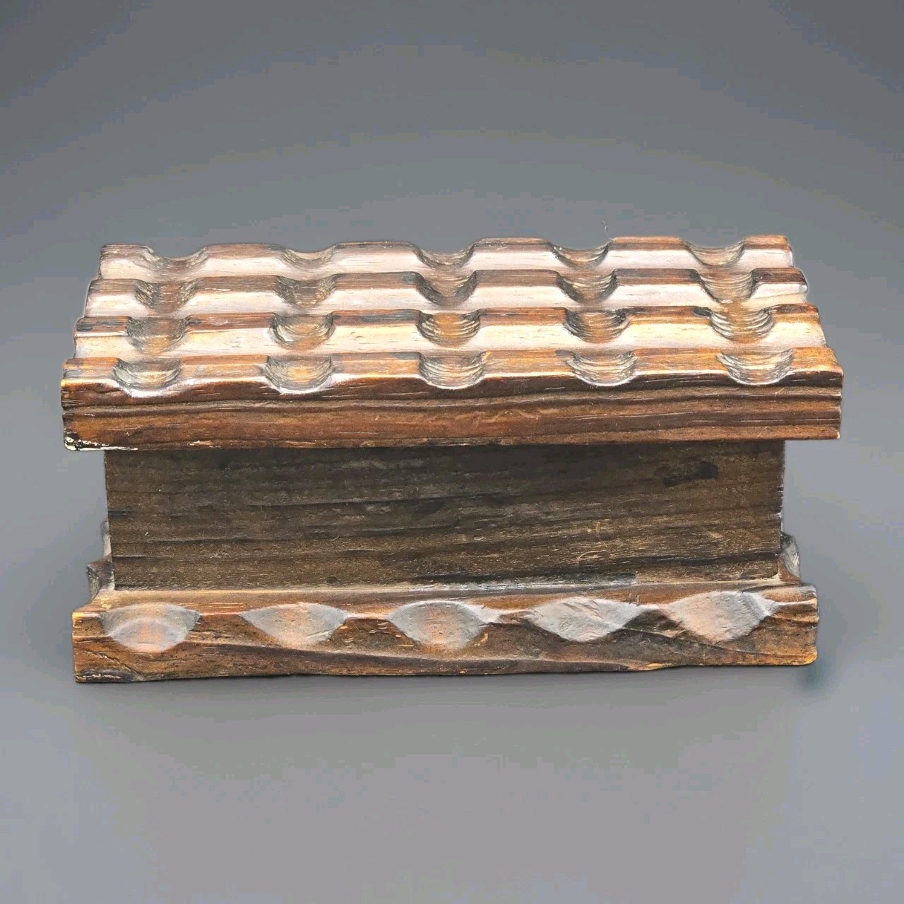 Vintage Hand Carved Wooden Keepsake Trinket Box Hinged Lid Rustic Folk Art