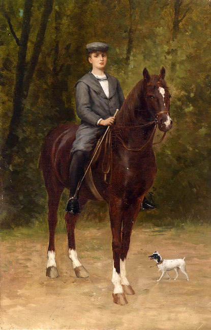 Stunning Oil painting Female rider nice young girl on red horse & little dog 36\