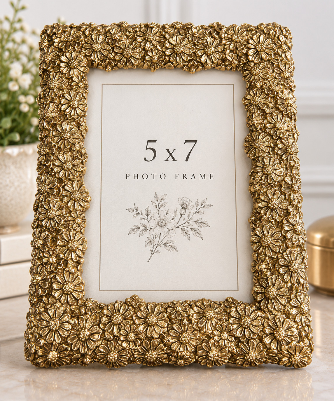 Vintage Heavy Gold Tone Metal 5x7 Picture Frame Raised Floral Flowers Ornate