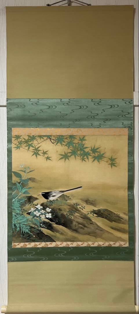 Japanese Hanging Scroll Flowers Birds Silk Art, Slight Wear, No Box