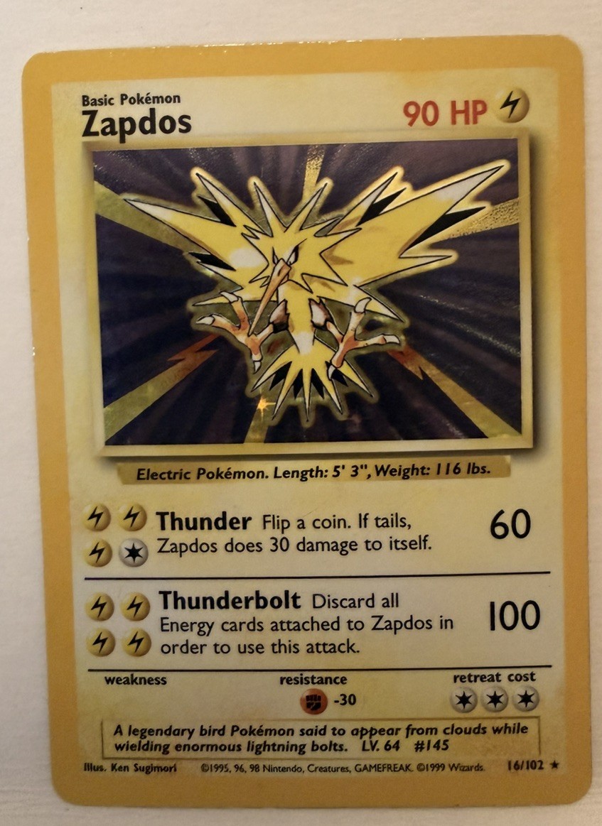 1999 Pokemon Unlimited Zapdos Rare Holo #16/102