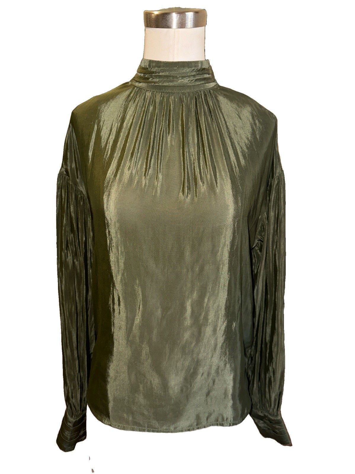 The Korner Olive Satin Blouse XS Mock Neck Pleated Long Sleeve Recycled Top