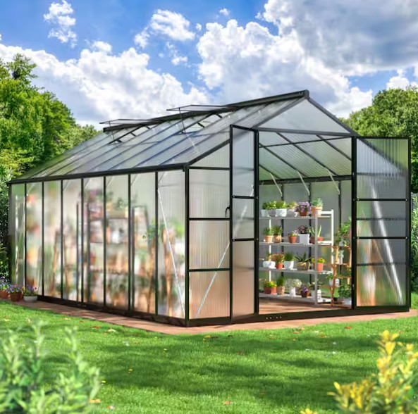 10x16 FT Polycarbonate Greenhouse, Quick Setup, Roof Vent, Walk-in Aluminum