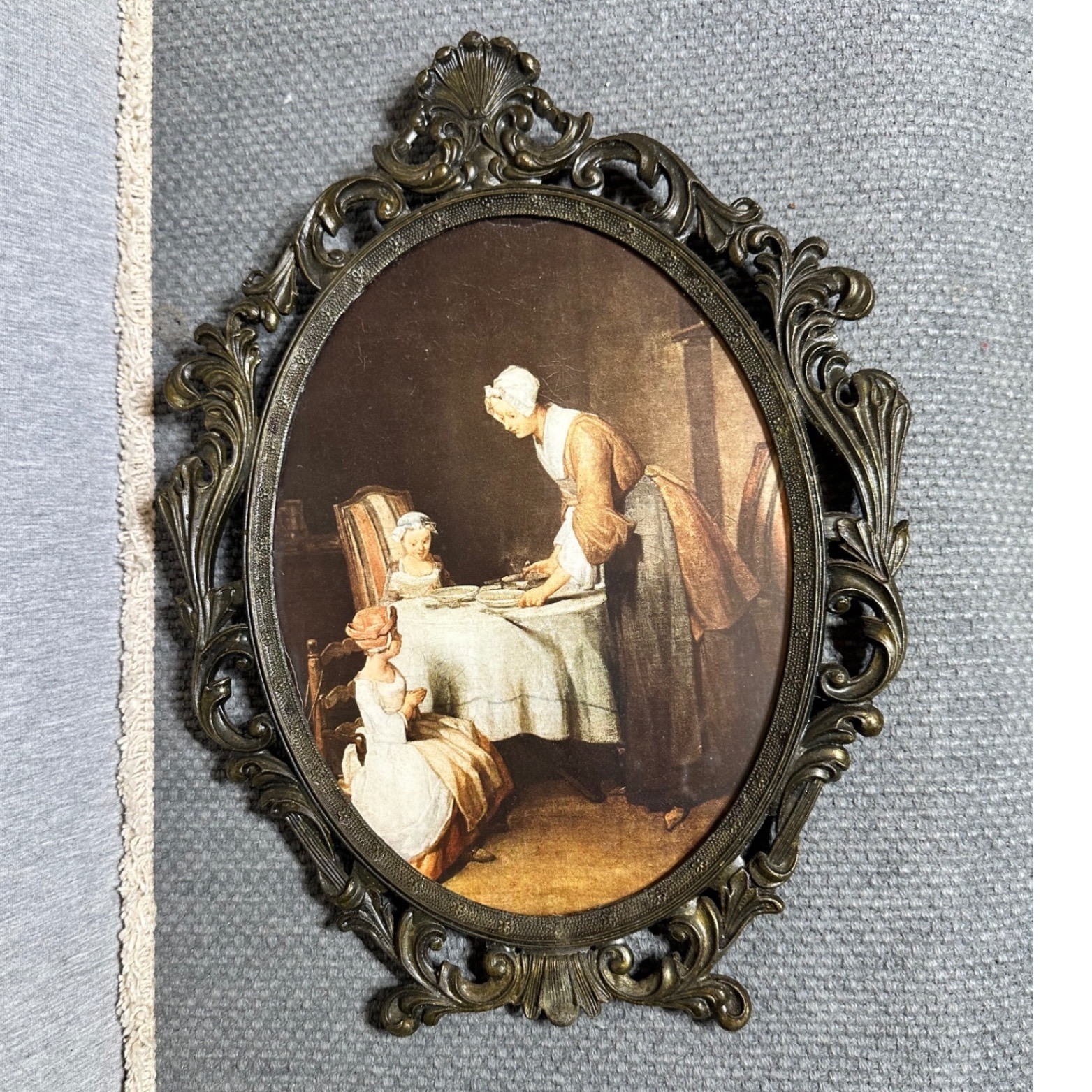 VTG Made in Italy Ornate Brass Oval Frame Chardin Saying Grace Print 11\