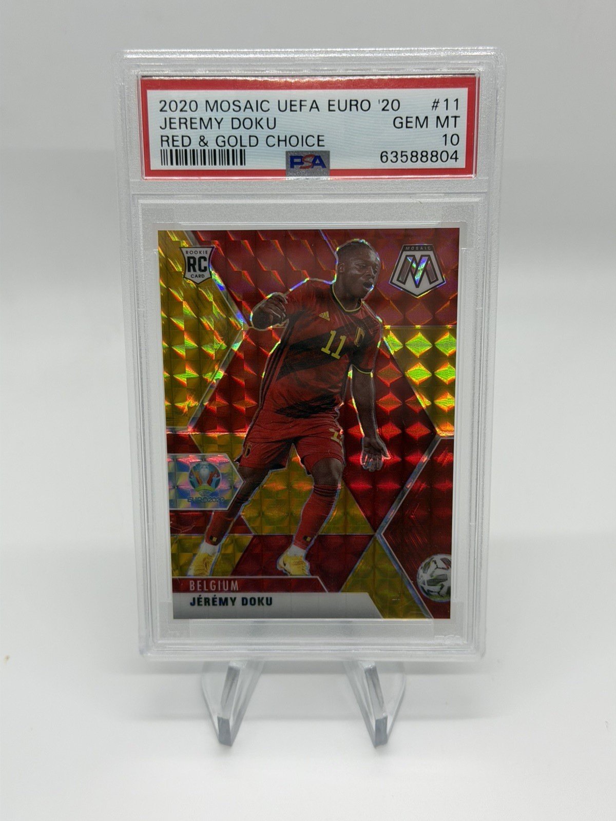 2020 PANINI MOSAIC UEFA EURO RED & GOLD CHOICE /88 JEREMY DOKU RC PSA 10 POP8