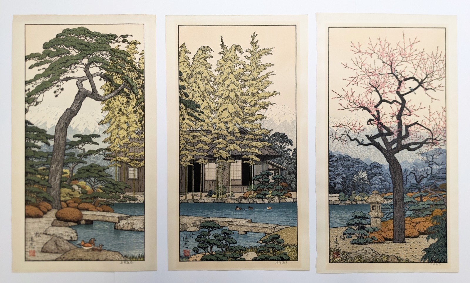 Toshi Yoshida Japanese Woodblock Prints - The Friendly Garden Triptych