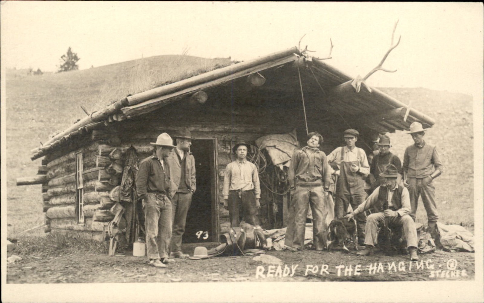 Cowboys at log cabin READY FOR THE HANGING STECKER Gilman Montana MT RPPC bhn Cowboys at log cabin READY FOR THE HANGING STECKER Gilman Montana MT RPPC bhn