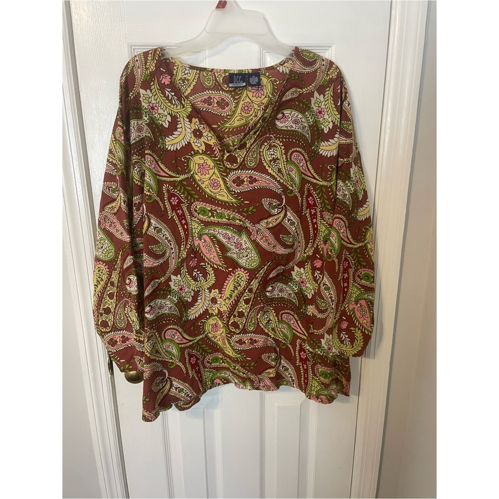 Vintage DCC Woman Paisley V-Neck Peasant Top Brown Pink Green 100% Cotton Sz 2X Vintage DCC Woman Paisley V-Neck Peasant Top Brown Pink Green 100% Cotton Sz 2X