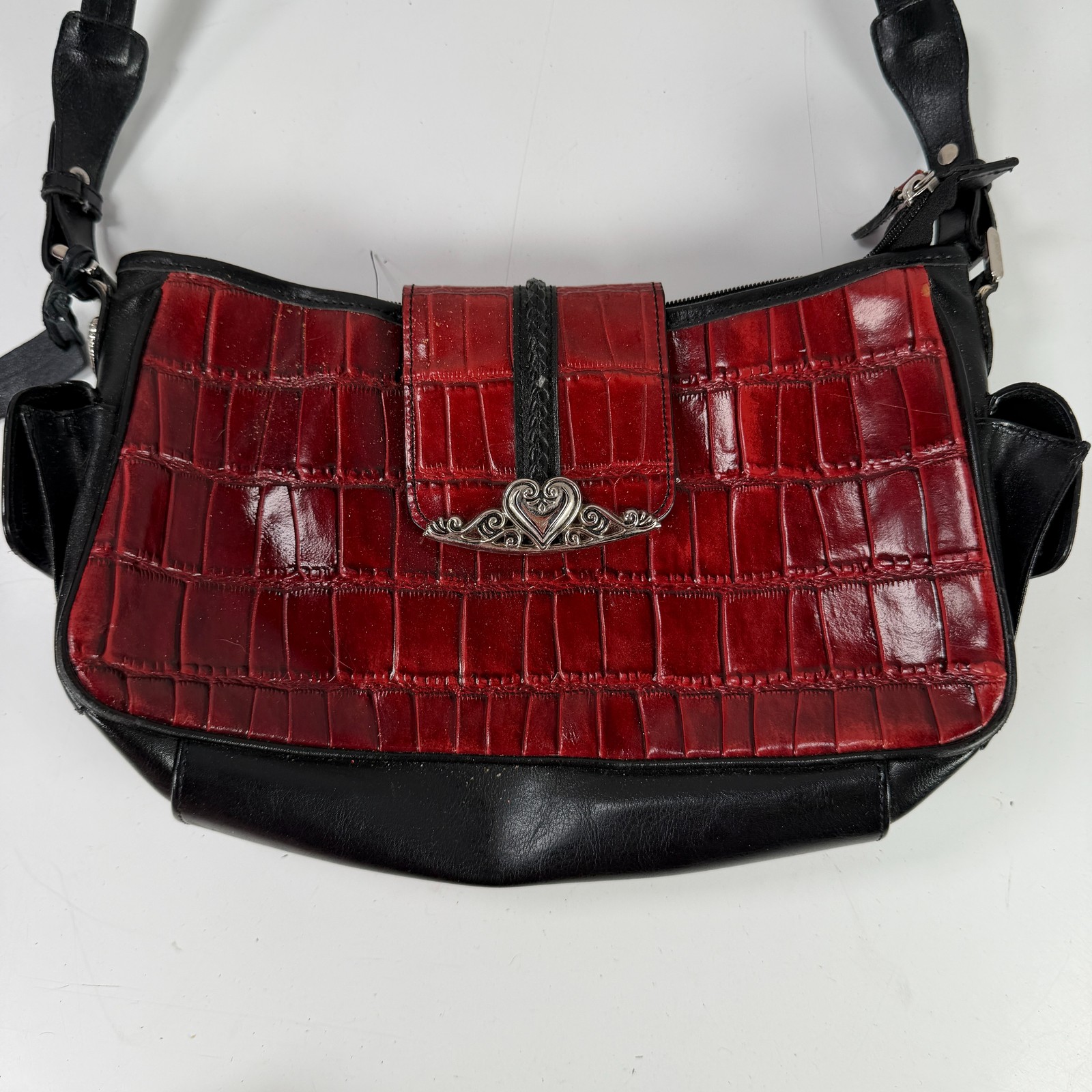 Brighton Red Croc Embossed Leather & Black Shoulder Bag Handbag Crossbody