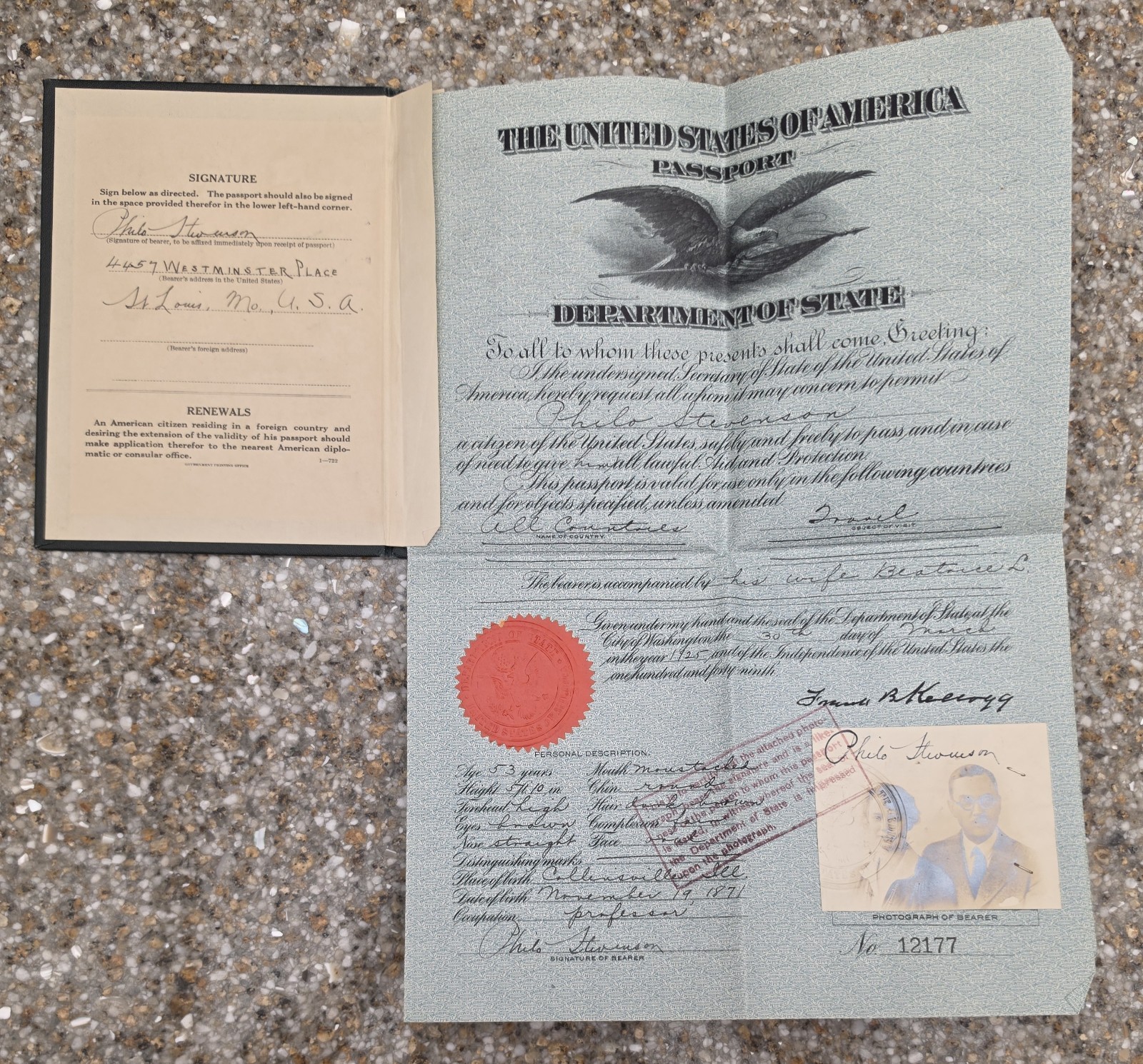 Vintage 1925 US Passport - Philo Stevenson St. Louis Missouri - Visas & Stamps Vintage 1925 US Passport - Philo Stevenson St. Louis Missouri - Visas & Stamps