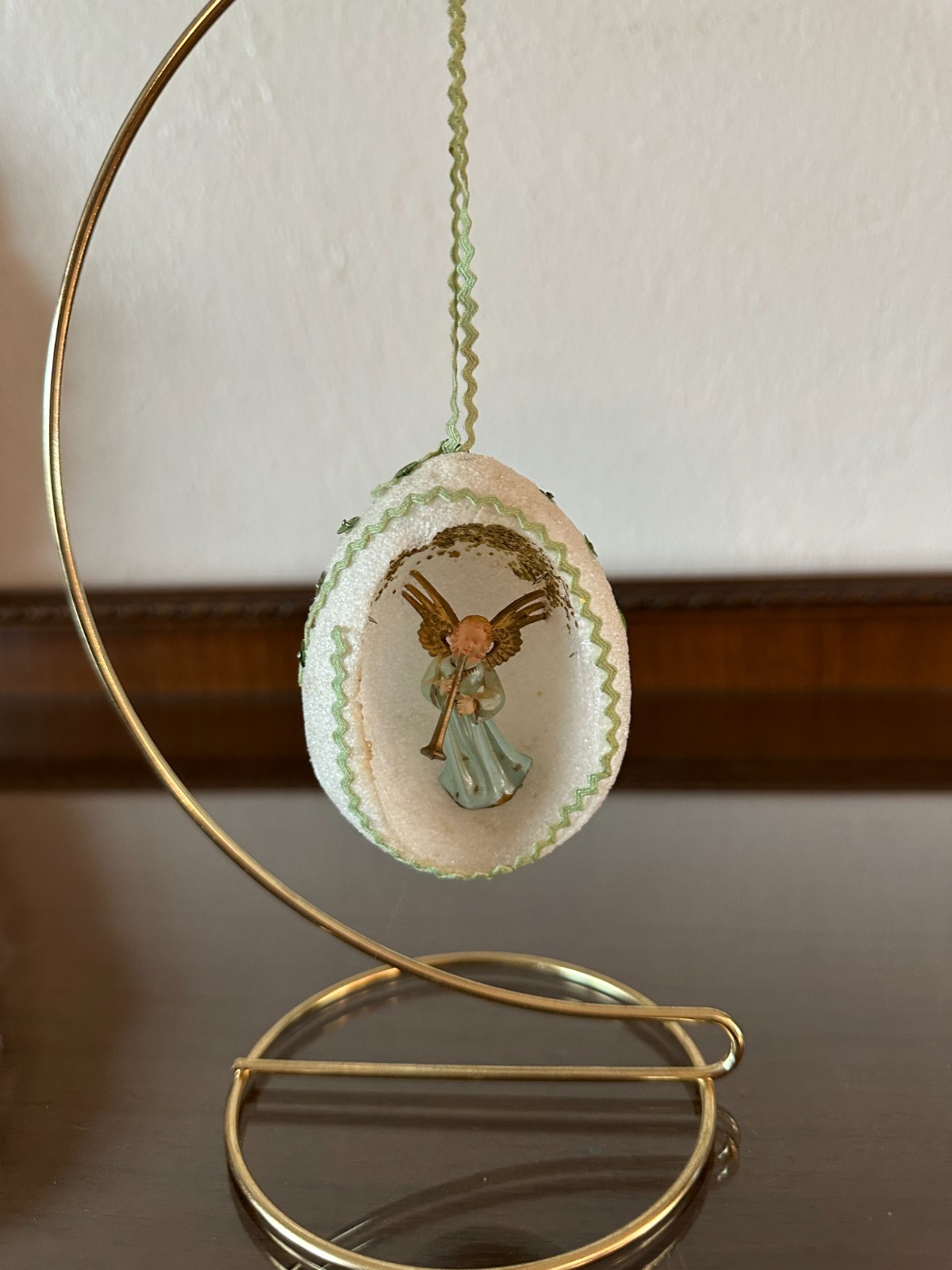 Vintage Styrofoam Diorama Santa Rick Rack Angel Christmas Egg Ornament Handmade