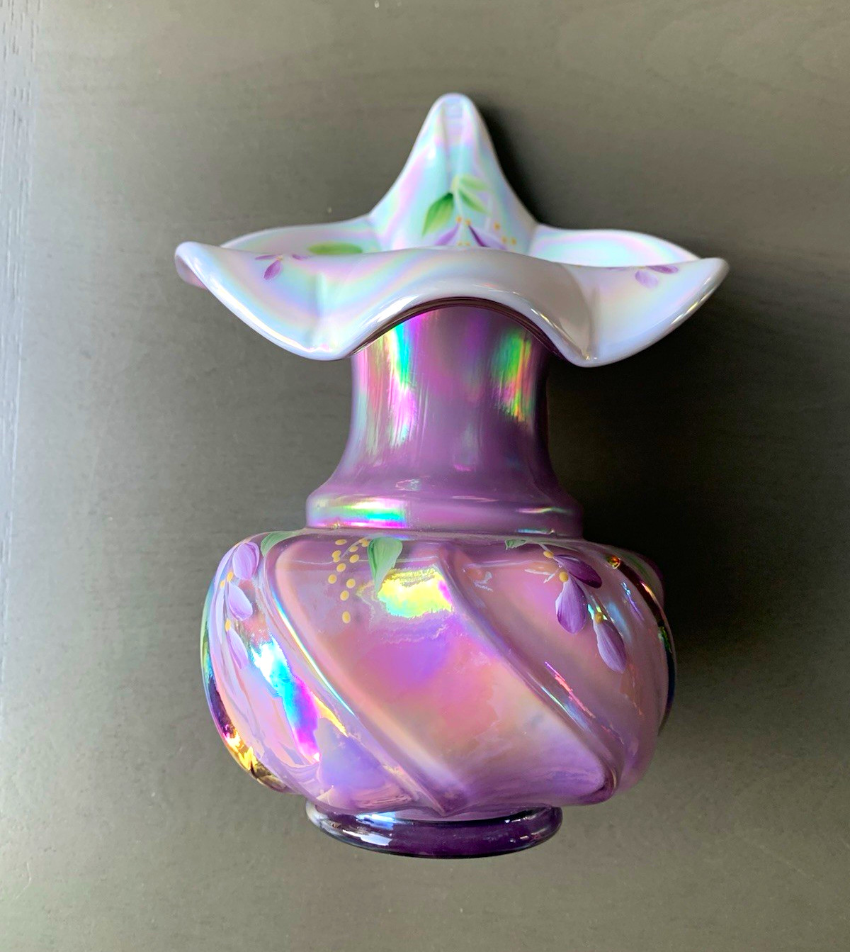 Fenton Purple Iridescent Art Glass Vase Hand Painted B.C. Wright Signed 10”