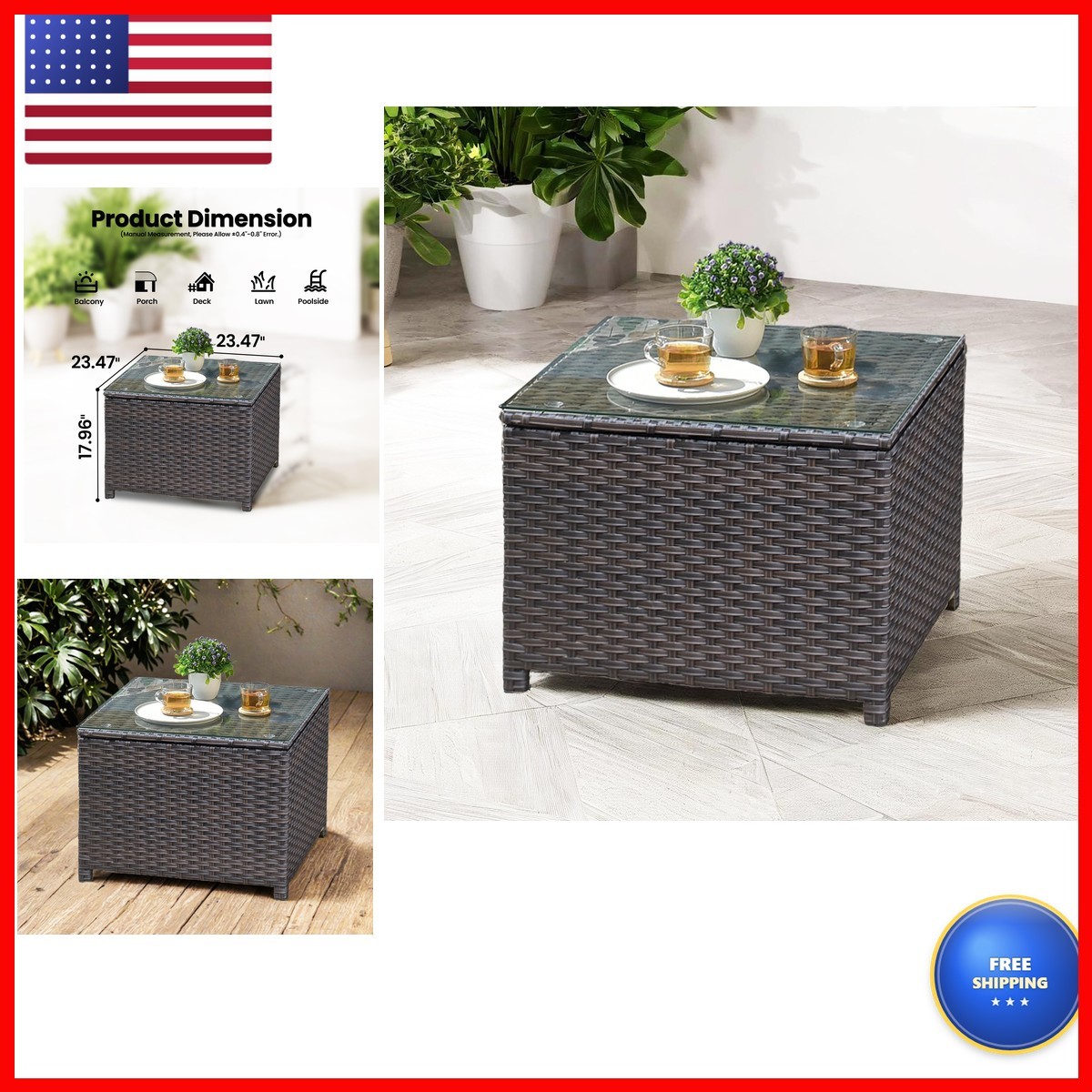 Ovios Outdoor Side Table Tempered Glass Top, Patio Wicker Coffee Table End Ovios Outdoor Side Table Tempered Glass Top, Patio Wicker Coffee Table End