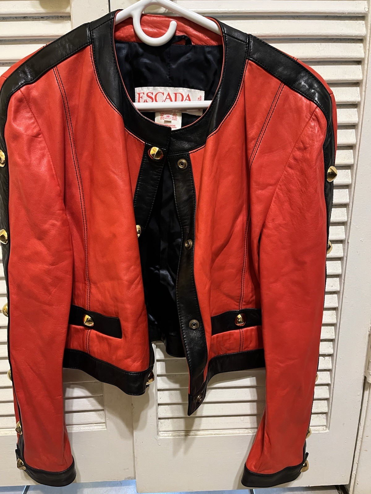 Red & Black Escada Leather Jacket  Women With Gold Button USA8/EU38 Vintage