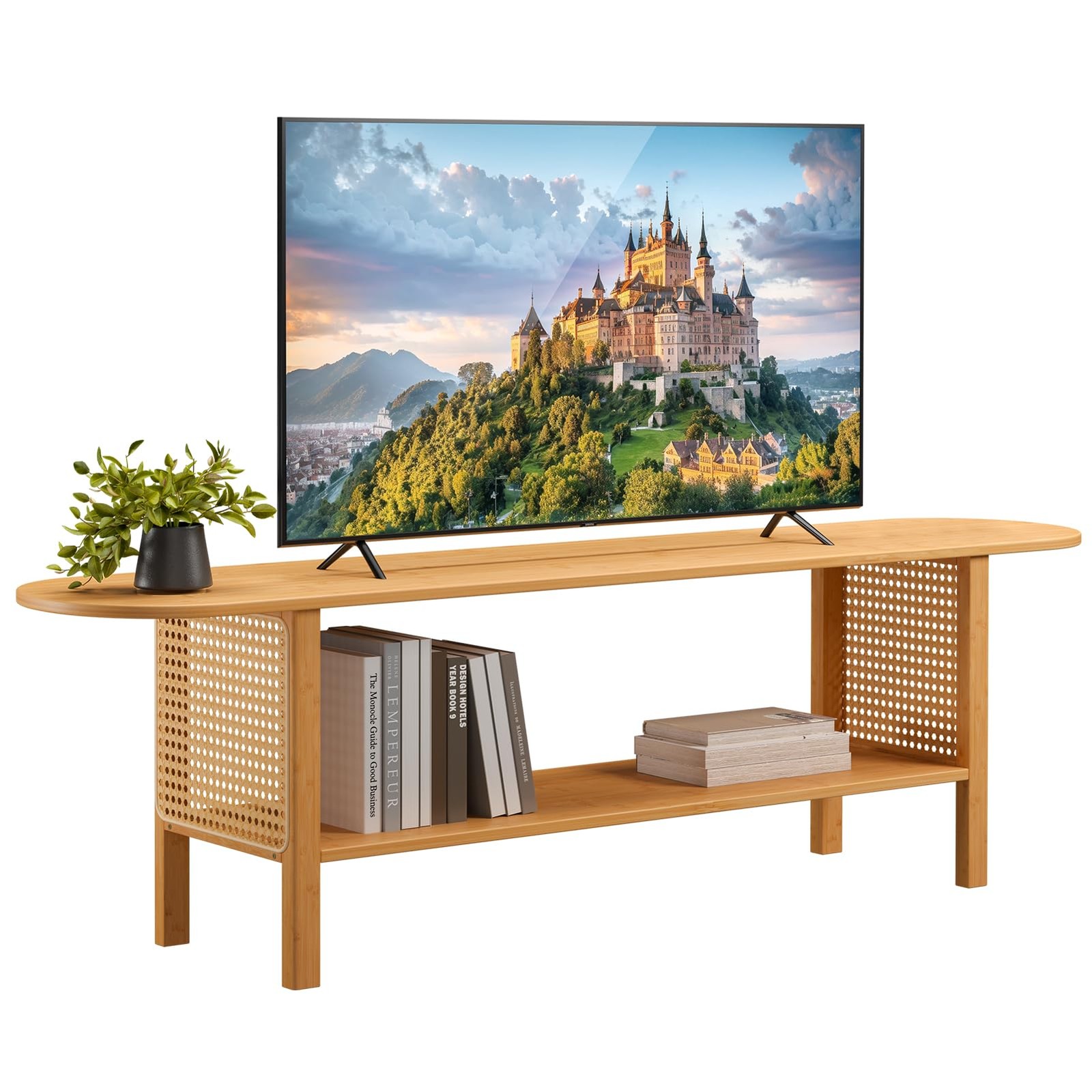 Hollyhome Bamboo Tv Stand Storage For Tvs Up To 65 Modern Entertainment Center