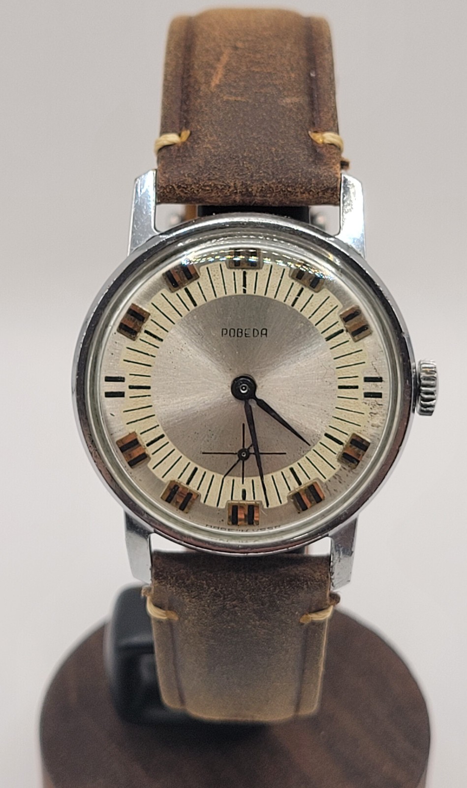 Vintage Pobeda Soviet USSR Mechanical Watch Mens SubSecond Sunburst Dial Leather