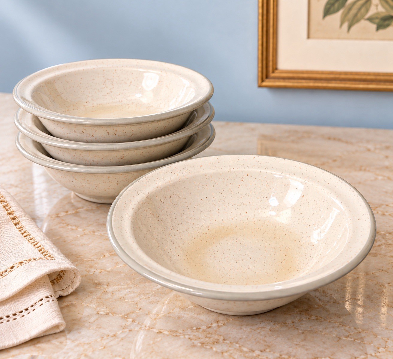Harkerware 1950s Set Of 4 Rimmed Bowls White Cap Stone China, 6.5x2” AS IS