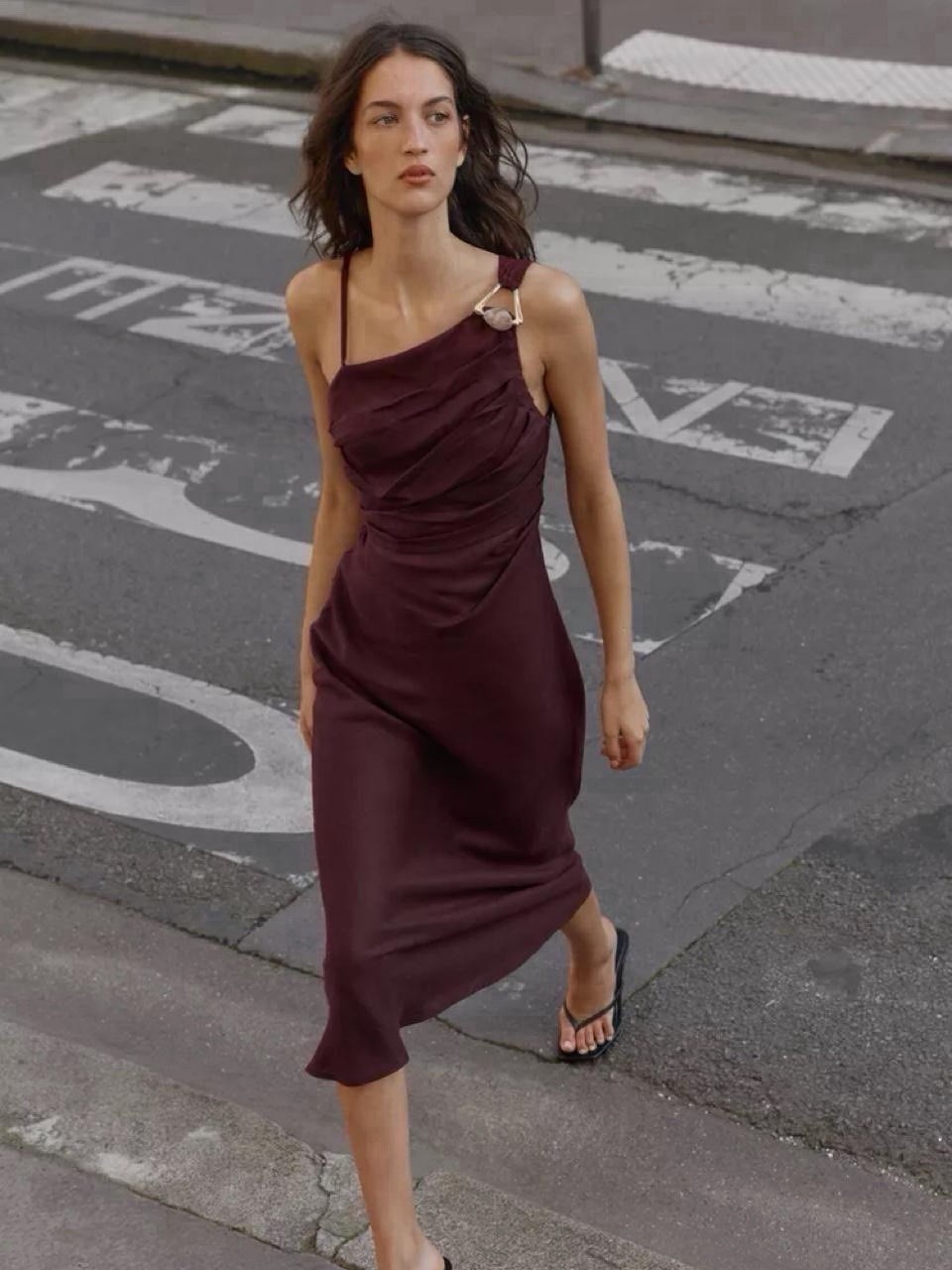 New Zara 100% linen Burgundy midi dress with one shoulder detail, size S #midi New Zara 100% linen Burgundy midi dress with one shoulder detail, size S #midi