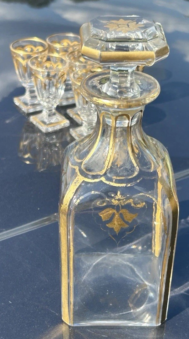Antique Baccarat Mid 19th Century Decanter & 7 Liquor Glasses Gold Gilded Blown