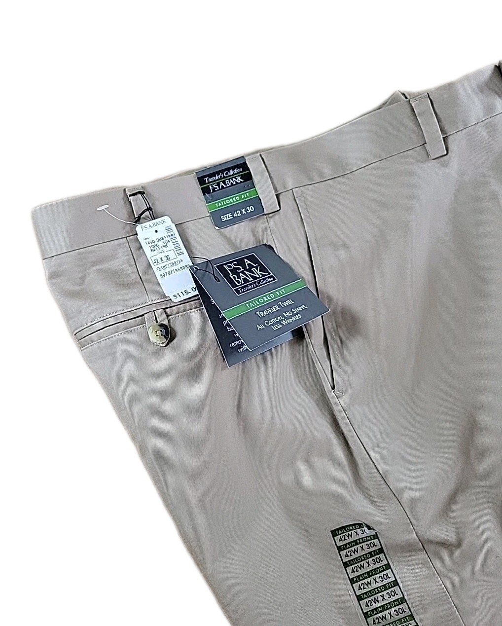 NWT Jos A Bank Traveler Pants Mens 42x30 Tailored Fit Khaki Cotton Crease NWT