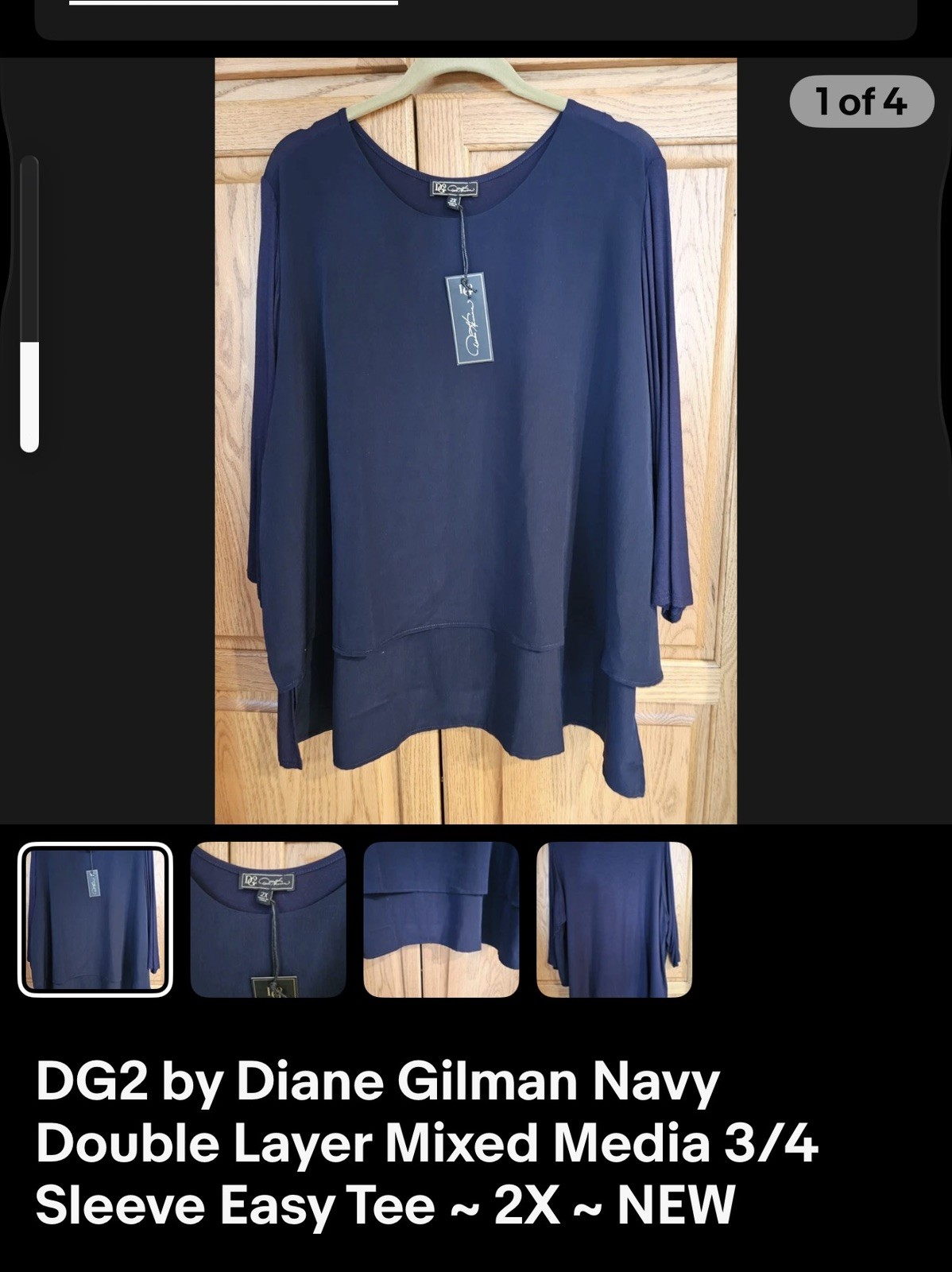 DG2 by Diane Gilman Navy Double Layer Mixed Media 3/4 Sleeve Easy Tee ~ 2X ~ NEW