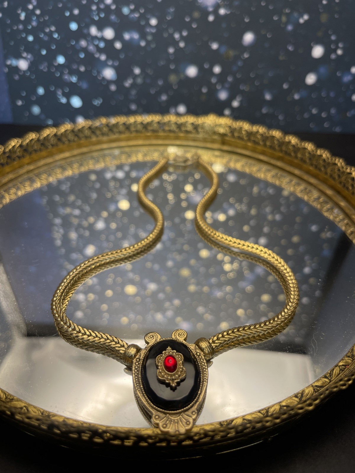 Vintage 1928 Jewelry Victorian Revival Black Red Statement Necklace Gold Tone