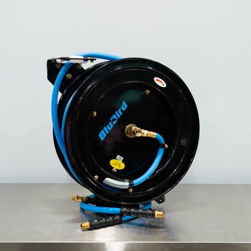 50\' BluBird Retractable Air Hose Reel Black with Blue Hose | 3/8\
