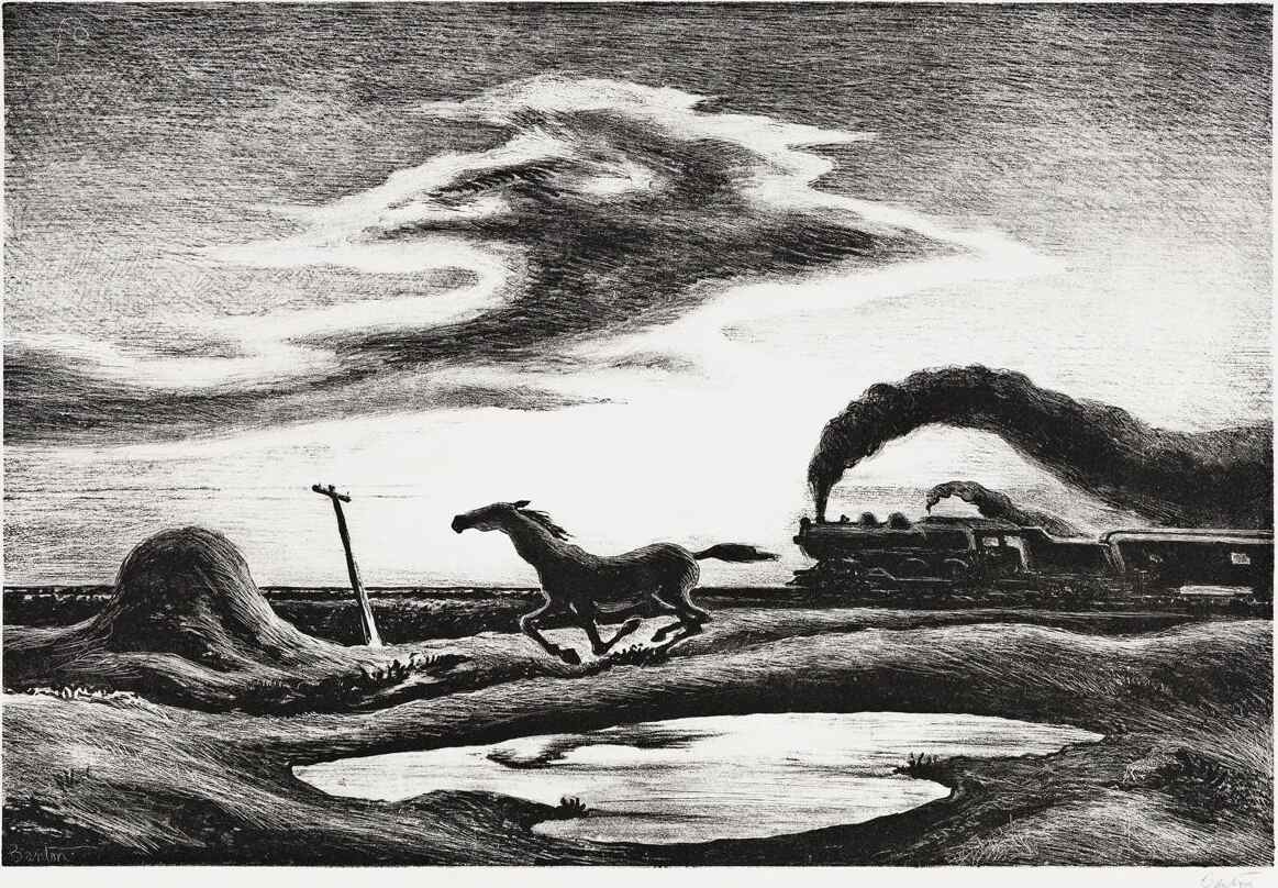 Thomas Hart Benton : The Race : Horse Train Landscape Print WPA Era