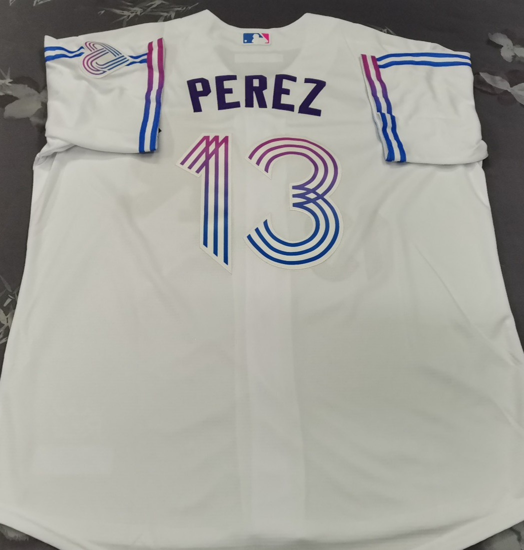 Salvador Perez #13 KC Royals City Connect White Cool Base Sewn Stitched Jersey.