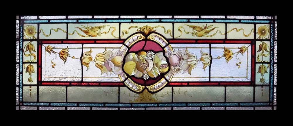 Very Rare Victorian Painted Fruits Birds & Flowers English Stained Glass Window
