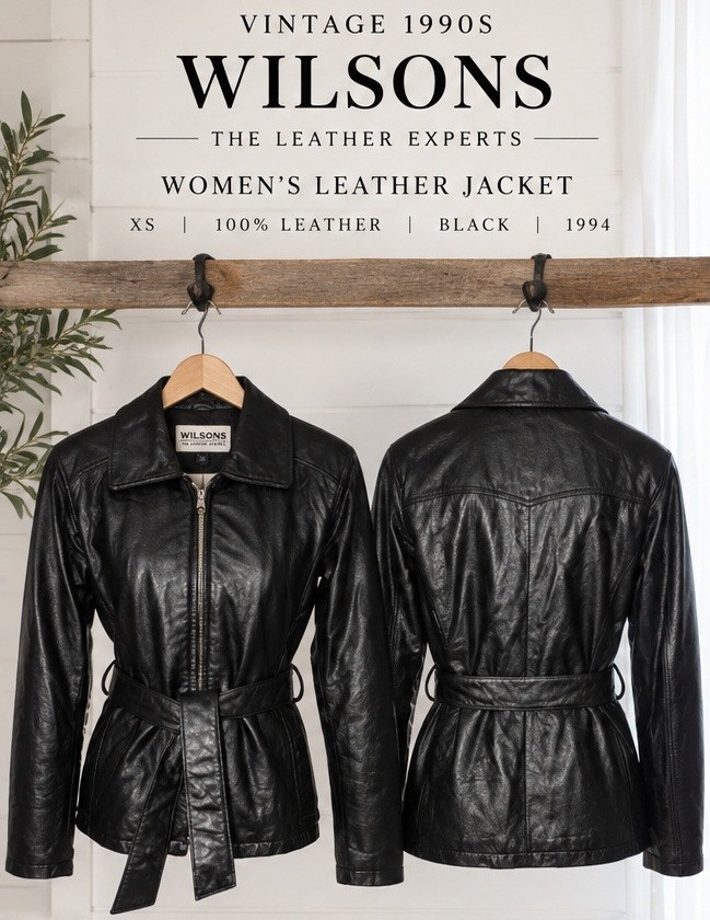 Vintage 1990s Wilsons Leather Jacket Women\'s XS 100% Leather Belted Black 1994