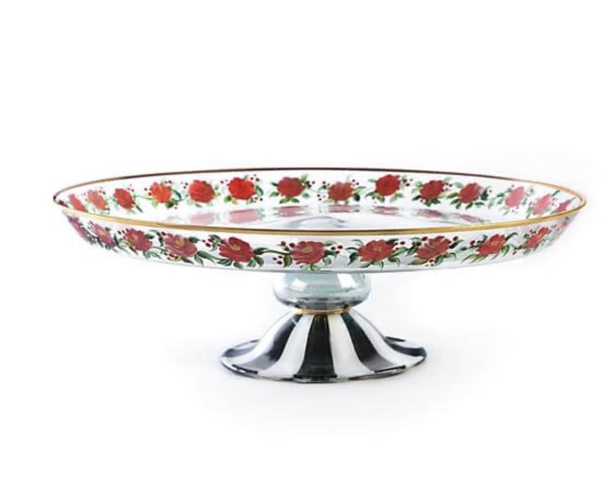 VINTAGE MACKENZIE CHILDS HEIRLOOM ROSES FLOWERS CAKE FOOTED PLATTER STAND