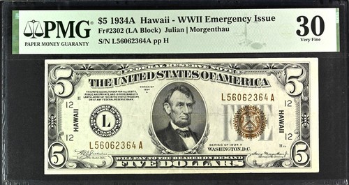 1934A $5 Hawaii Overprint Note WWII Emergency Issue PMG 30 Very Fine Rickey Coll 1934A $5 Hawaii Overprint Note WWII Emergency Issue PMG 30 Very Fine Rickey Coll