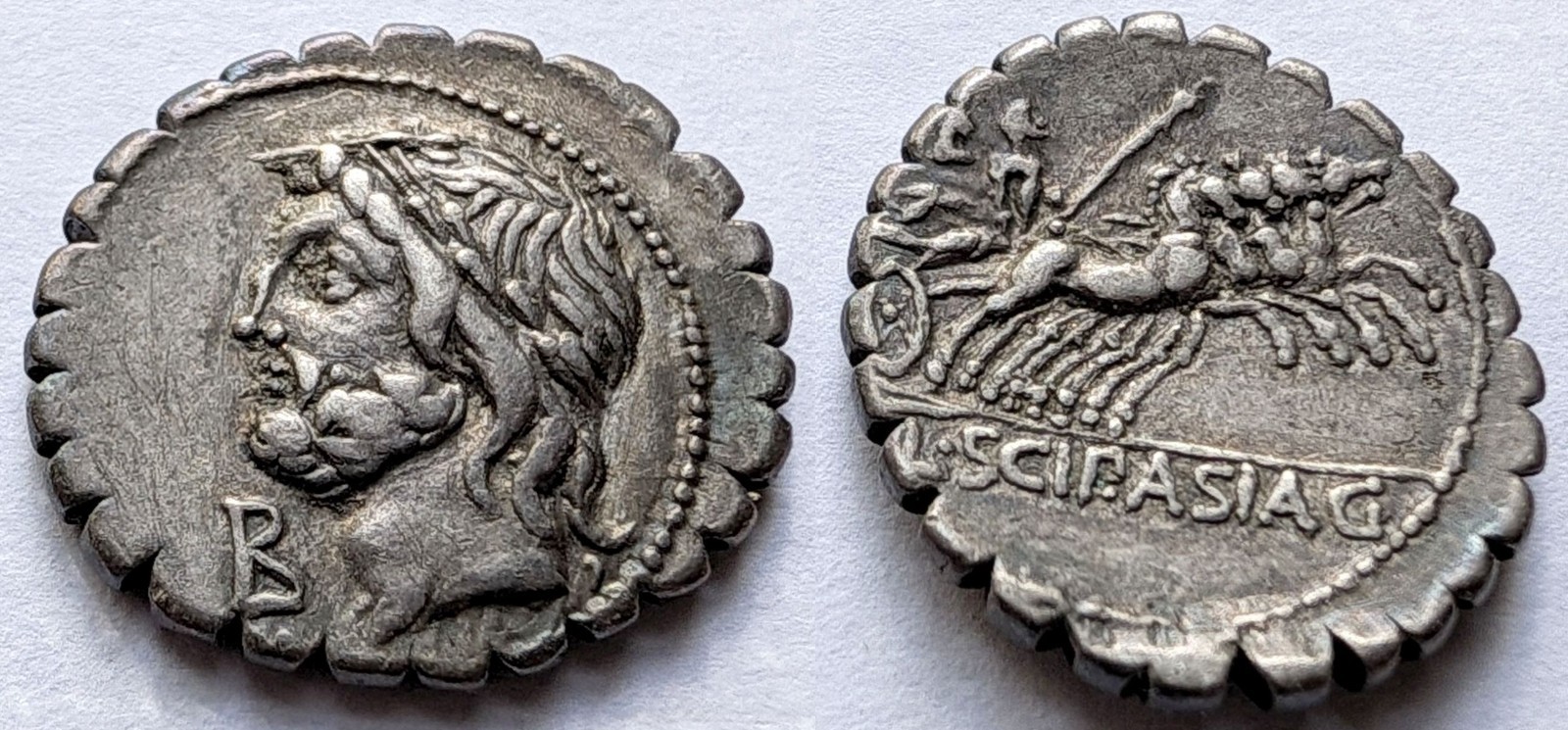 Roman Republic Scipio Asiaticus AR Serrate Denarius 106 BC Jupiter RRC 311/1