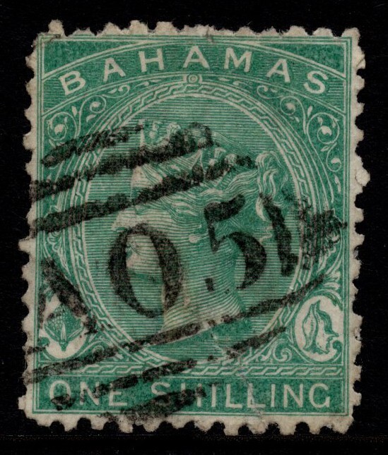 BAHAMAS 1865 1s BLUE-GREEN, PERF. 12½, SG 38, FAIR USED, TEAR, CAT. £300 BAHAMAS 1865 1s BLUE-GREEN, PERF. 12½, SG 38, FAIR USED, TEAR, CAT. £300