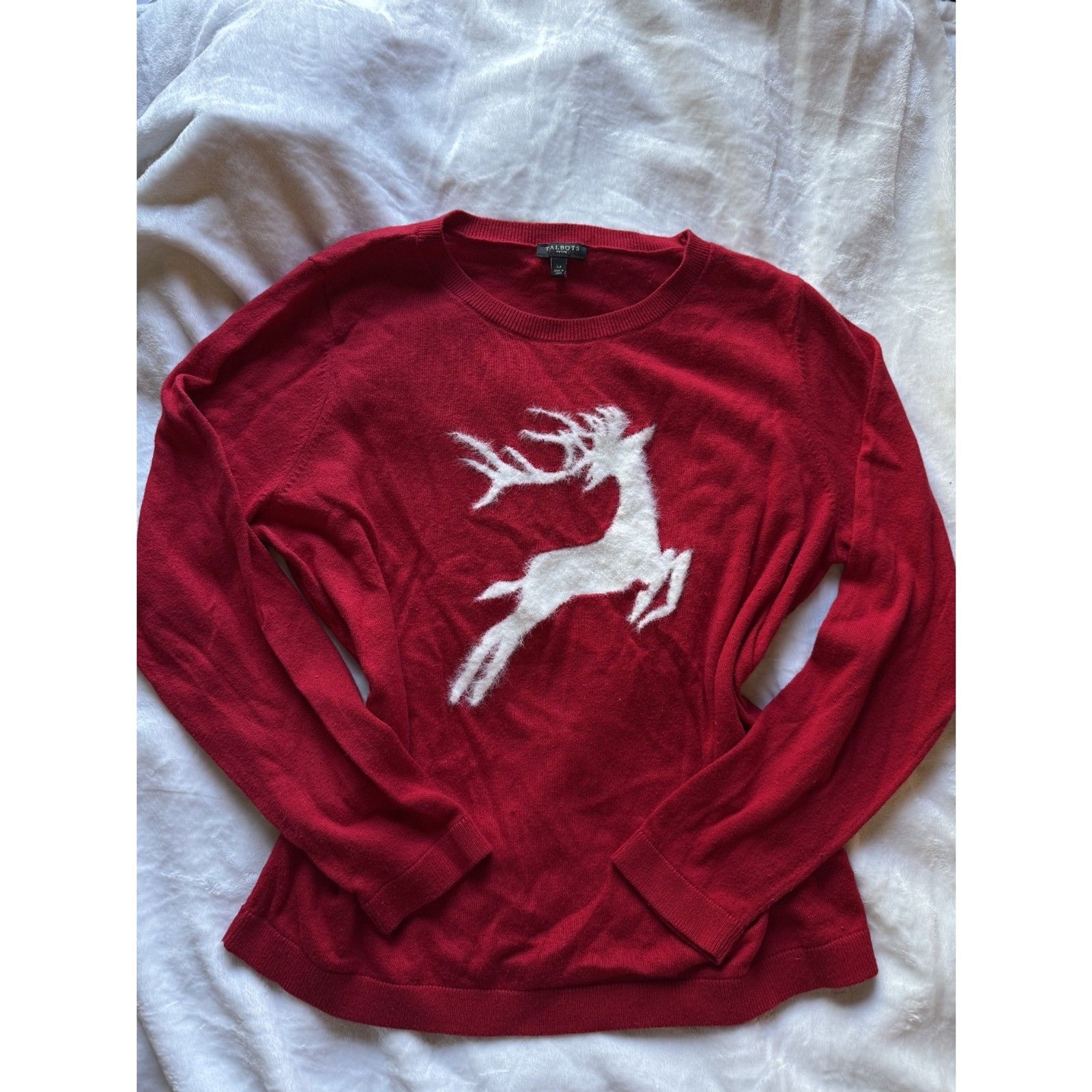 Talbots Petite L Red Reindeer Sweater Cashmere Blend Christmas Holiday Deer