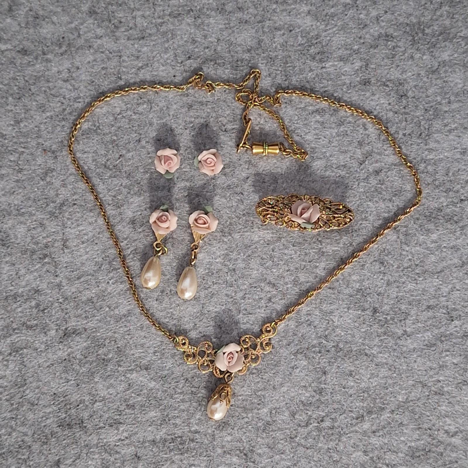 1928 Brand Jewelry Necklace Earrings Brooch Porcelain Rose Filigree VTG 1990s 1928 Brand Jewelry Necklace Earrings Brooch Porcelain Rose Filigree VTG 1990s