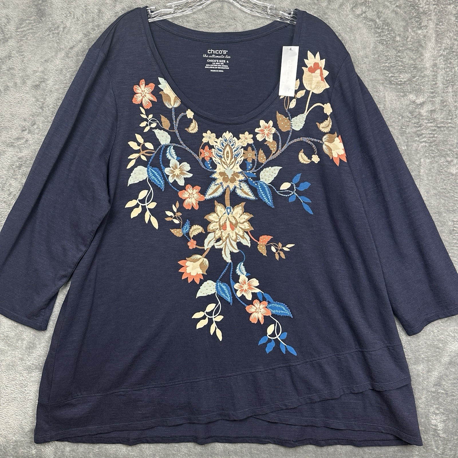 Chico\'s Top Shirt Women\'s Size 2XL Blue Floral Tunic 3/4 Sleeve Embellished NWT Chico\'s Top Shirt Women\'s Size 2XL Blue Floral Tunic 3/4 Sleeve Embellished NWT
