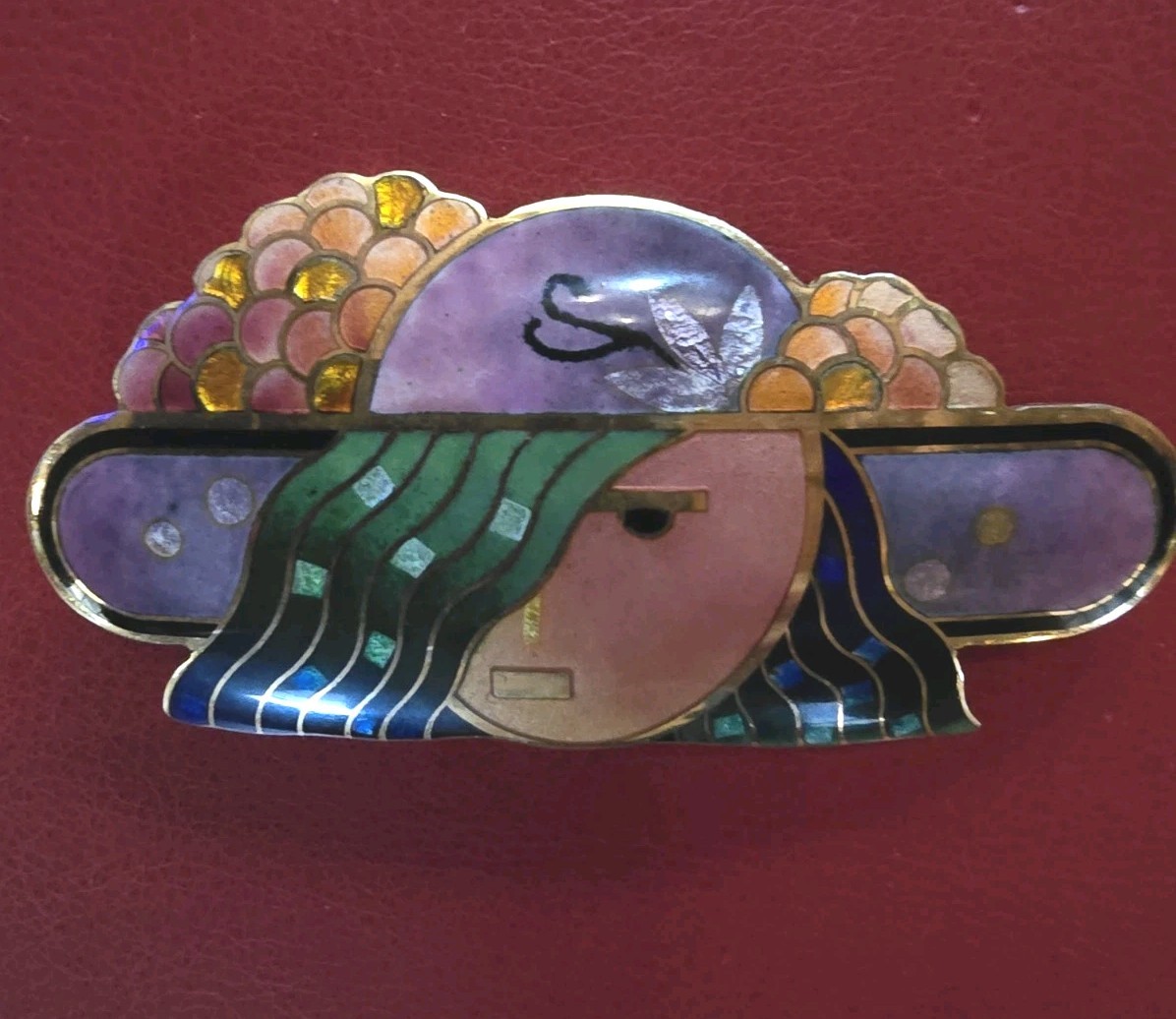 DAVID KUO CHAMPLEVE ENAMEL PIN PENDANT BROOCH LADY WITH HAT SIGNED DAVID KUO CHAMPLEVE ENAMEL PIN PENDANT BROOCH LADY WITH HAT SIGNED